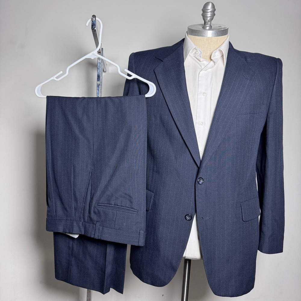 Kuppenheimer Suit Mens 44R 37W Navy Blue Pinstripe Wool Two Button Vintage